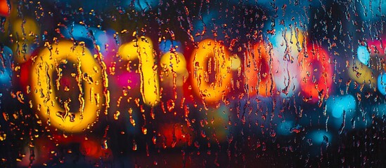 Rainy night city lights blurred through wet window.