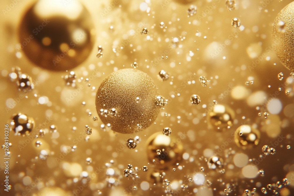 Poster abstract background of floating golden spheres and bokeh lights.