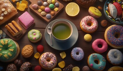 A cup of matcha tea surrounded by various sweets and pastries on a wooden table.
