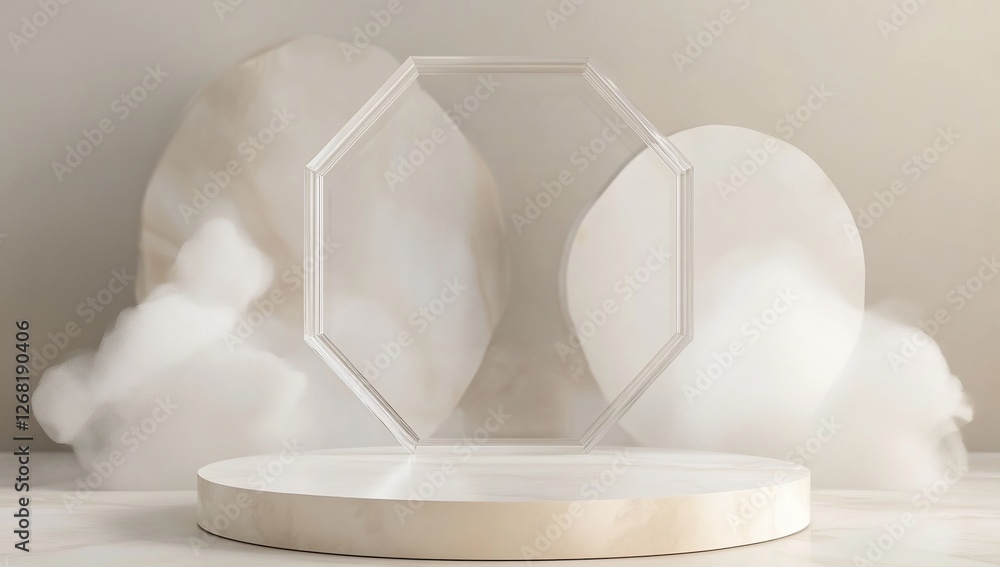 Poster elegant octagonal display stand on a round marble platform, surrounded by white smoke and beige abst