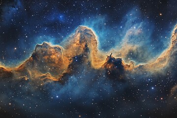 Obraz premium Cosmic nebula with vibrant colors and swirling gas clouds, stars scattered across the dark background.