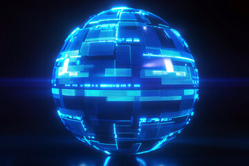 Futuristic glowing digital sphere with blue neon light and cyber technology elements
