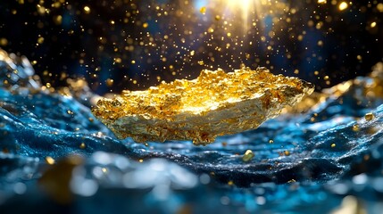 Golden Nugget Floating on Blue Water - Abstract art