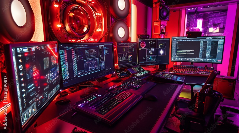 Poster futuristic red-lit gaming studio setup with multiple monitors, keyboard, and mixing console.