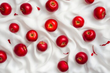 Red apples scattered on white silk fabric.