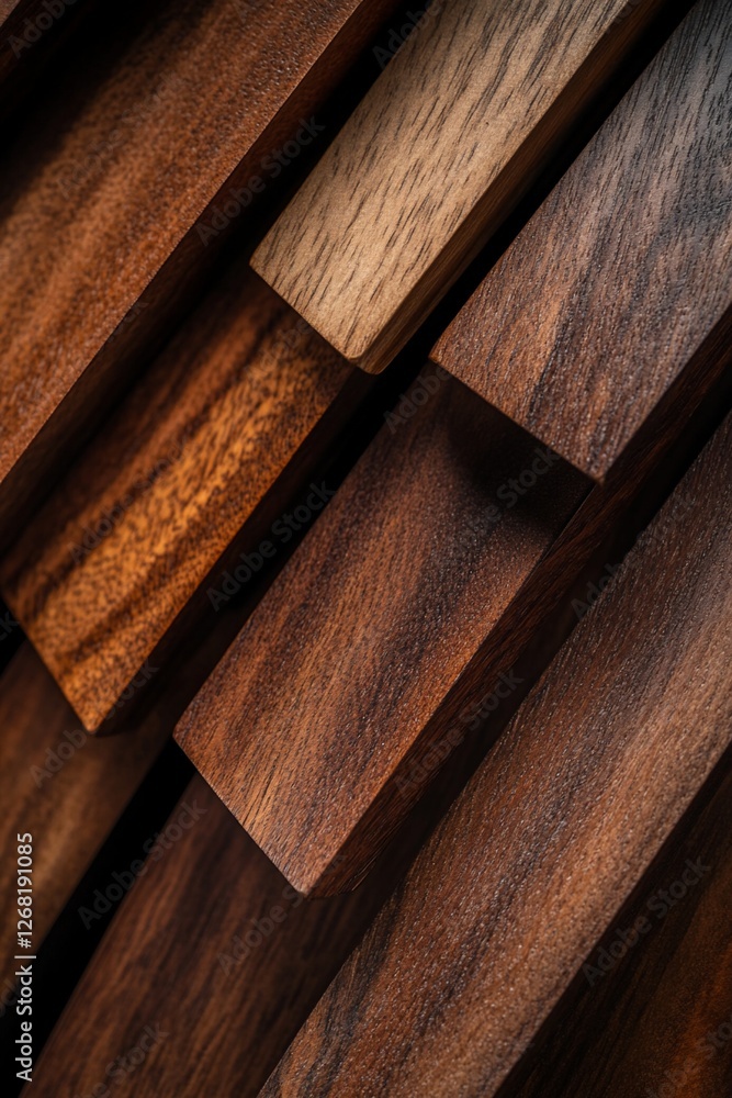 Poster abstract background of rich, dark brown wood planks arranged in diagonal overlapping pattern, showca