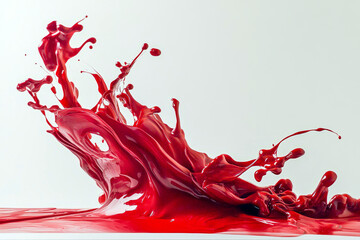 Dynamic red paint splash captured in motion on a white background with high-speed liquid movement