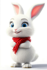 Fototapeta premium A white rabbit with blue eyes and a red scarf