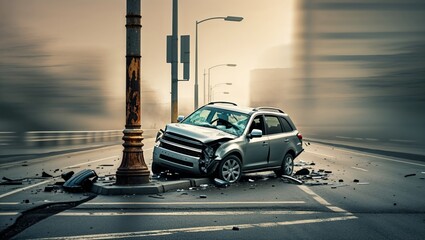 A silver SUV is wrecked after a high-impact collision with a lamppost on a city street.