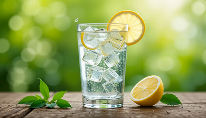 Glass of Water with Lemon Slice on Wooden Table