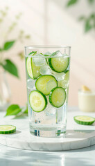 Glass of Water with Cucumber Slices on White Surface