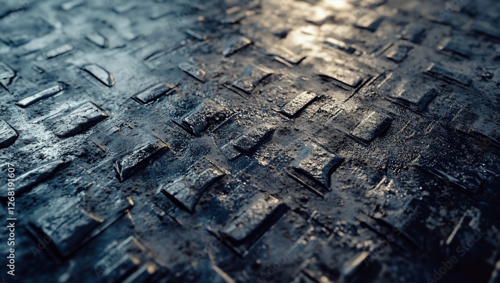 Poster close-up of dark, textured metallic surface with repeating pattern, showing light reflection.