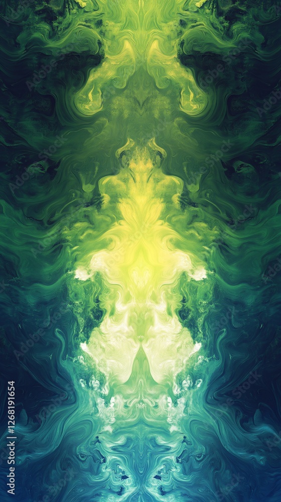 Poster abstract swirling green and blue patterns creating a symmetrical design.