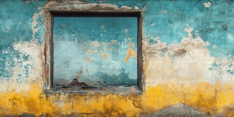 Frame on a dilapidated blue and yellow building facade