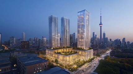 Obraz premium Modern high-rise residential towers at dusk, city skyline.