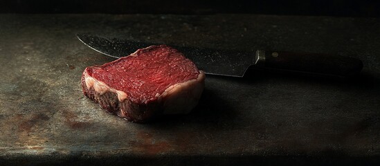 Raw beef steak on rustic surface near a knife.