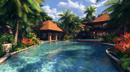 Obraz premium Tropical Luxurious Resort Villa with Pool, Palm Trees, and Exotic Flowers: A Serene Summer Paradise for Relaxation and Leisure in a Refreshing Outdoor Landscape with Elegant Architecture and Scenic