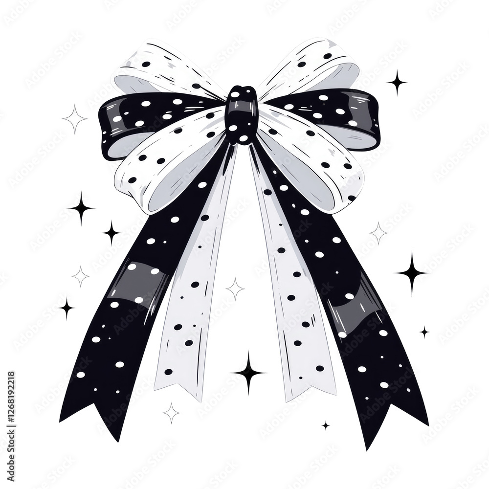 Poster black and white polka dot bow with sparkling accents on transparent background. bow features symmetr