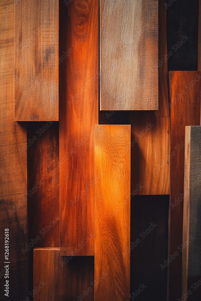 Poster abstract background of various brown wood planks arranged in an overlapping pattern.