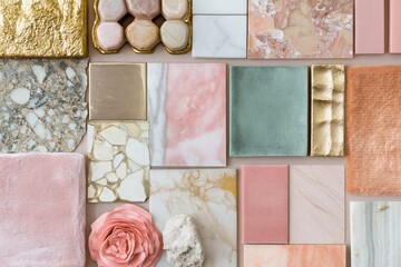 Fototapeta premium Flat lay of various pink, gold, and green marble, stone, and fabric samples.