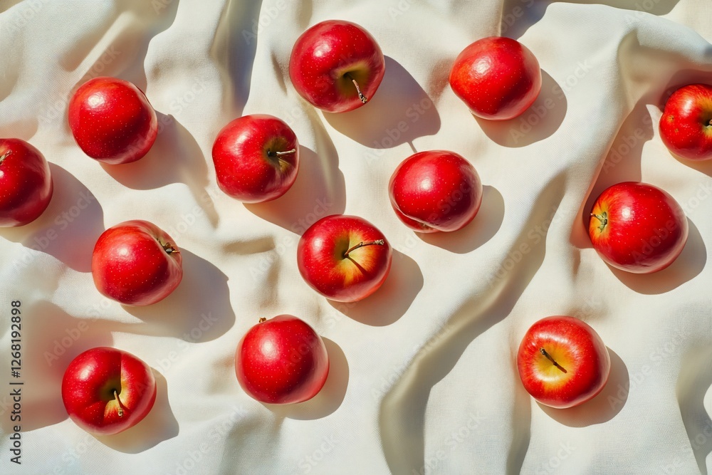 Poster red apples scattered on a creamy fabric background, illuminated by sunlight, creating a visually app