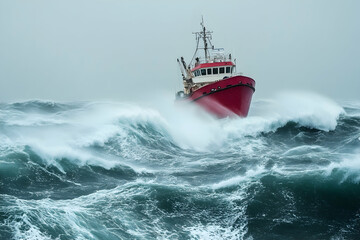 Red ship braving fierce waves in a stormy ocean