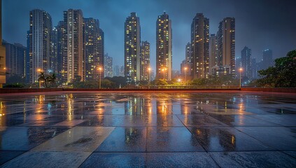 Obraz premium Night cityscape reflected in wet city square.