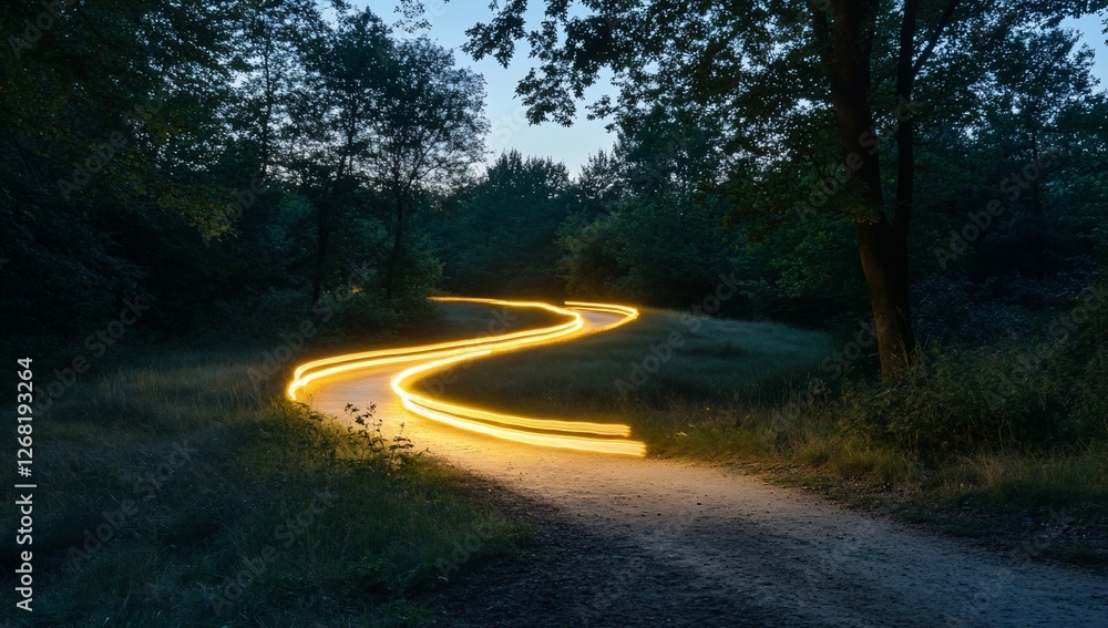 Poster glowing path winding through a tranquil forest at twilight.