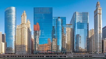 Naklejka premium Chicago skyline, riverfront buildings, sunny day, cityscape panorama, urban background