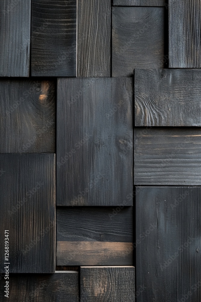 Poster dark wood paneling background texture with various sized rectangular blocks.