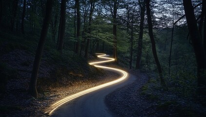 Naklejka premium Winding road through dark forest at night, illuminated by car lights creating a light trail.