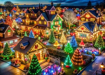 Fototapeta premium Festive Neighborhood Lights: Magical Christmas House Decorations Stock Photo
