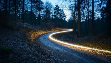Fototapeta premium Winding road through dark forest at night, light trails.