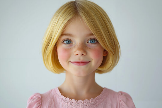 A little girl with blonde hair and blue eyes smiles at the camera