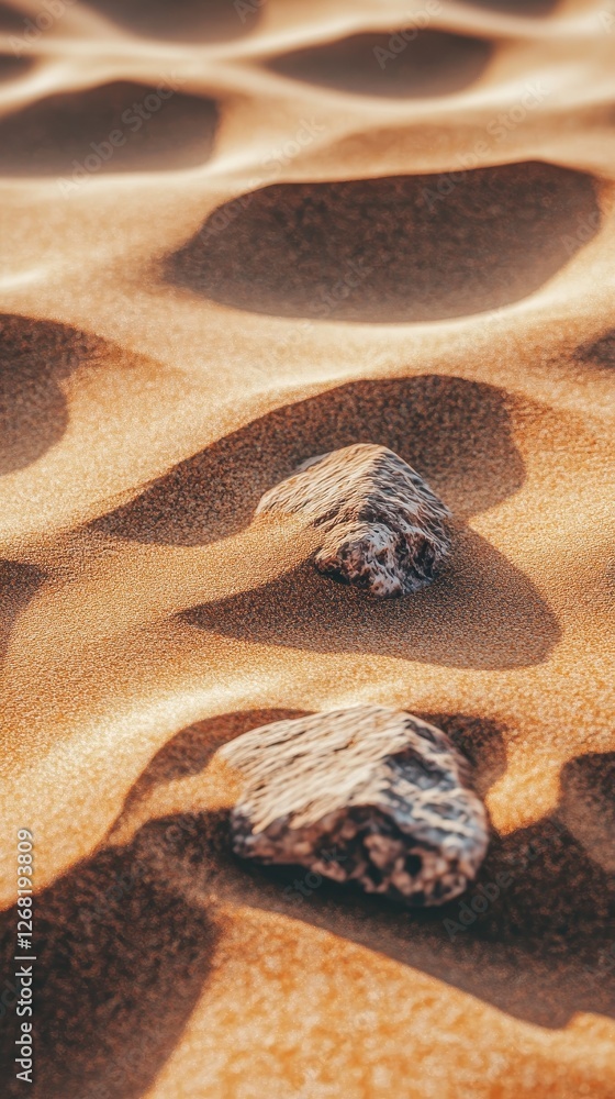 Poster two rocks rest in the undulating pattern of desert sand