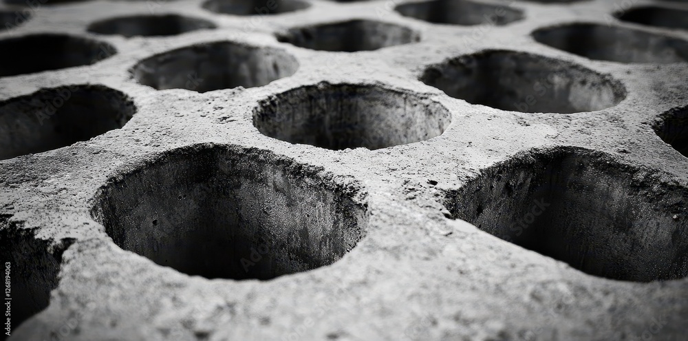 Aufkleber concrete structure displays repeating circular holes in a textured grid
