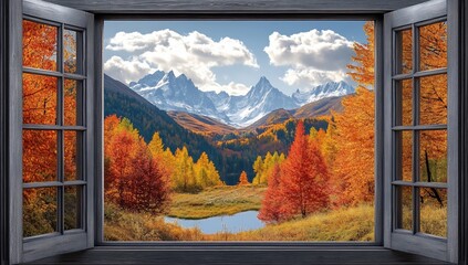 Autumnal mountain landscape viewed through an open window.