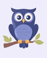 Fototapeta premium A cute cartoon owl with big eyes perched on a branch with green leaves.