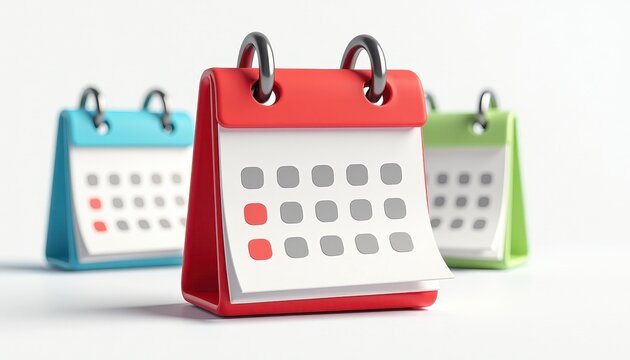 Distinct Colorful Calendar Icons on Isolated White Background  Red, Blue, Green. A red, blue, and green calendar stands out against a white background.