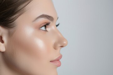 Fototapeta premium Nose job profile clean studio shot, nasal bridge correction, before and after concept, hands invisible, clinical setting.