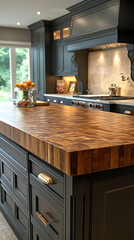 Dark Modern Kitchen Island With Wood Countertop
