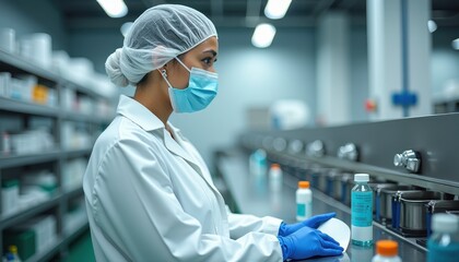 Detailed CloseUp of Woman Examining Bottle on White Background. A woman in a white lab coat and blue gloves works in a laboratory.