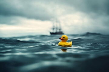 Rubber duck floating serenely in the sea with a ship in the distance