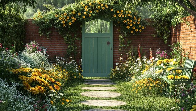 Secluded garden with brick wall, green gate, flowers, and stone path.