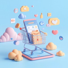 Smartphone with shopping cart and social media icons.