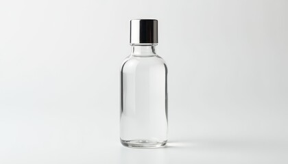 Isolated on white background: Sleek clear glass bottle with glossy finish and sleek black cap. A clear glass bottle with a black cap on a white background.