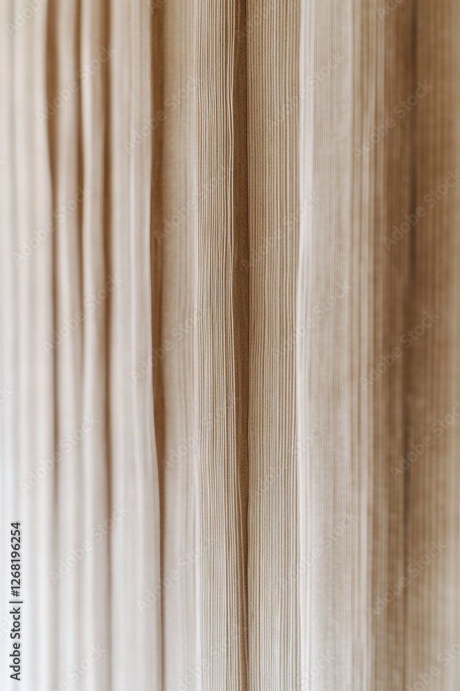Poster close-up of beige linen curtains with vertical folds and subtle texture, showing light filtering thr
