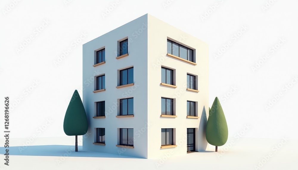 Aufkleber highresolution modern white building with trees on white background lowpoly architecture model. a 3d