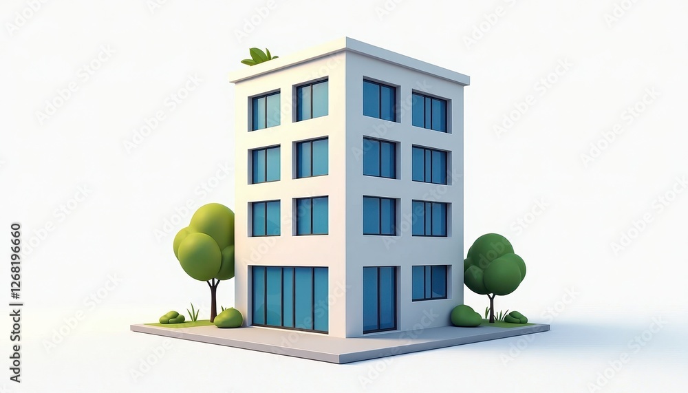 Aufkleber modern lowpoly building with greenery on a sleek white background. a 3d rendering of a modern buildi