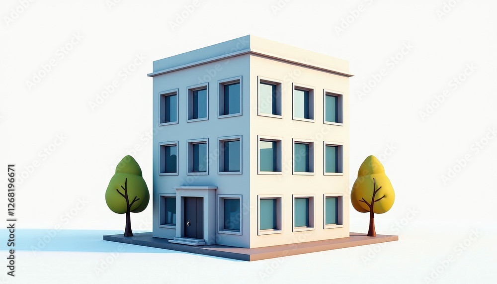 Poster isolated on a pristine white background, a modern building with glass windows and lush greenery surr